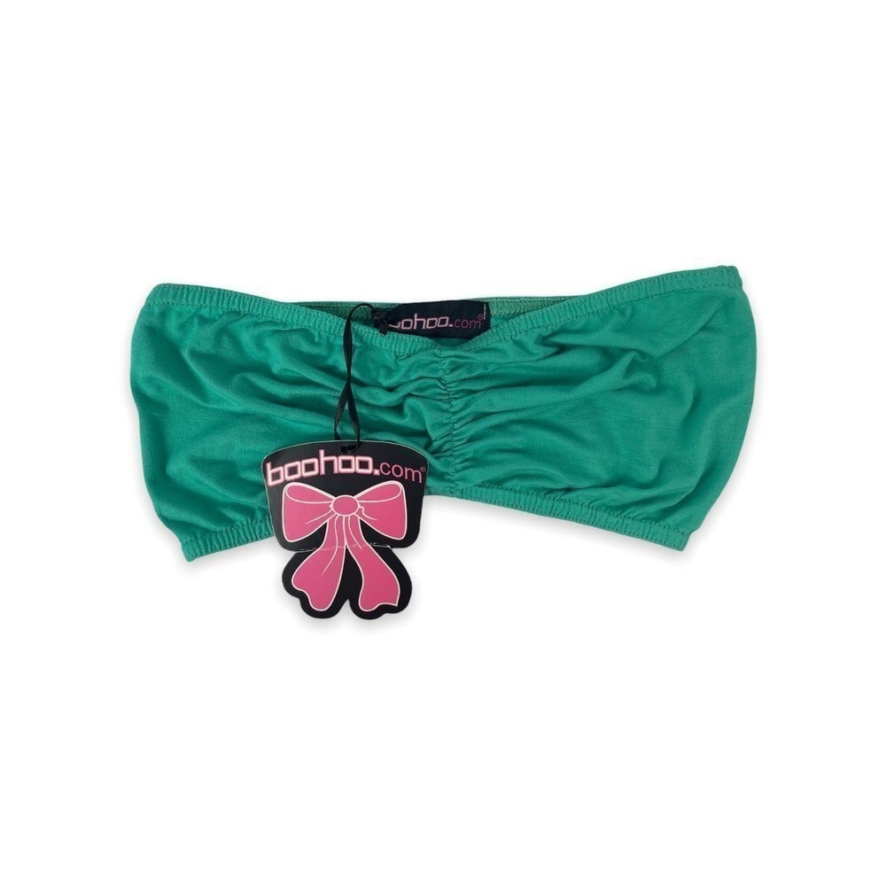 Boohoo Green‎ Ruched Strapless Tube Top Smocked Band Elastic Crop Shirt